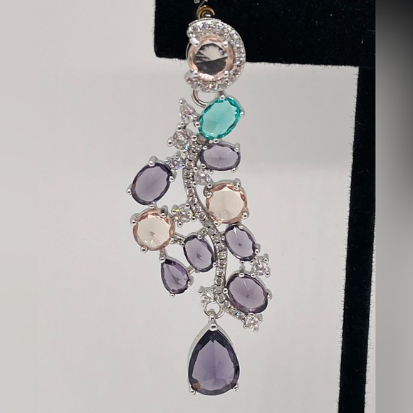 Cubic Zirconia Purple Green Drop Stud Earrings - Picture 4 of 8